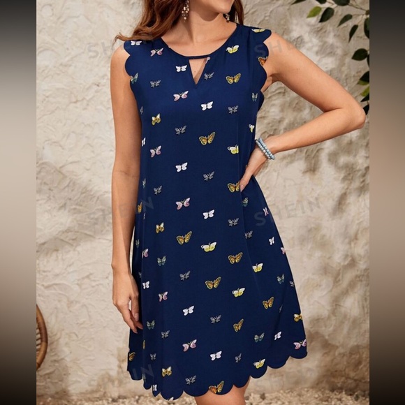 Dresses & Skirts - Navy Blue Butterfly Print Dress Scallop detail